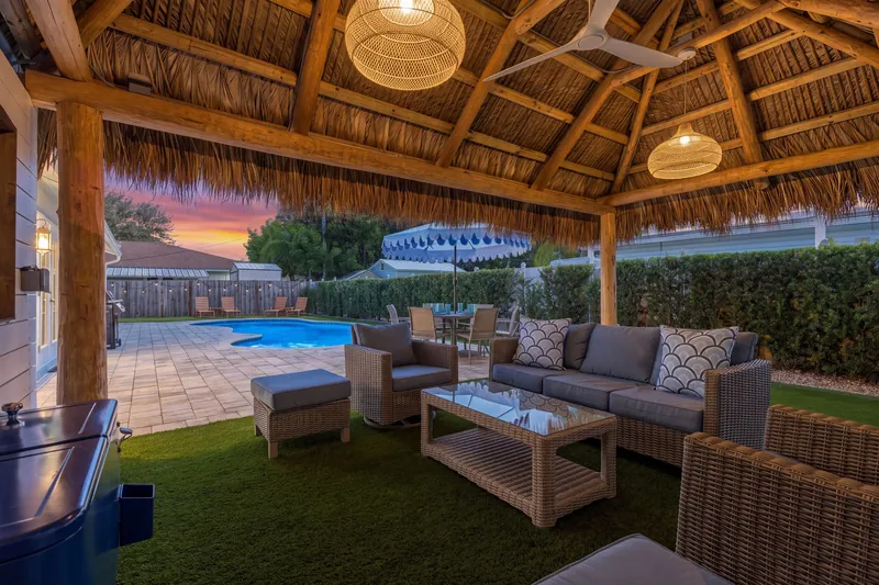 Tiki hut lounge at sunset